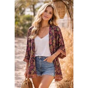 Rhea NWT Silk Blend Open Front Kimono Cardigan Black Pink Boho Made India